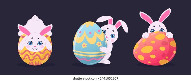 Easter bunnies with colored eggs. Cartoon Easter rabbits and cute chocolate eggs flat vector illustration set. Easter traditional holidays bunny mascots