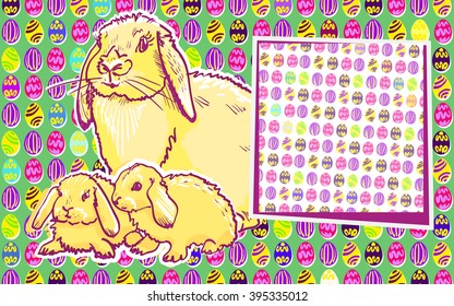 Easter bunnies and colored eggs . The design of the banner or greeting cards for Easter. Vector design illustration.