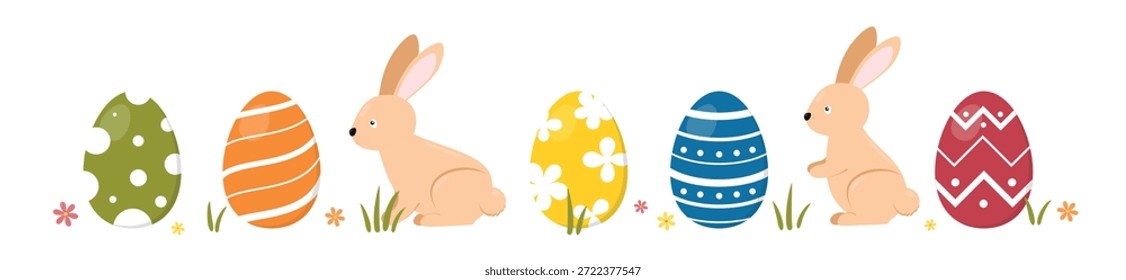Easter bunnies and colorful eggs with patterns. Vector horizontal border for design, banner, greeting card, decor, invitation, sticker, advertising.