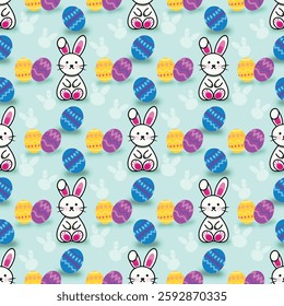 Easter Bunnies and colorful eggs of seamless pattern on a pastel blue background. Cute and classic rabbits illustration combine with colorful eggs that perfect for wrap print, wallpaper, any printing