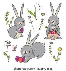 Easter Bunnies with colorful eggs. Vector illustration. Easter collection isolated elements for design and lettering. EPS