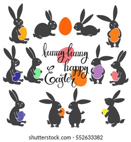 Easter Bunnies with colorful eggs.  Vector illustration. Easter collection isolated elements for design and lettering.