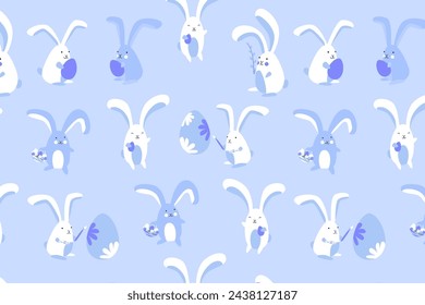Easter bunnies with colourful eggs on white background. Seamless pattern design for textile, wallpaper and gift wrap. Easter backdrop