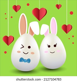 Easter bunnies, couple in love. Decorative card with hearts on a green background. Vector illustration