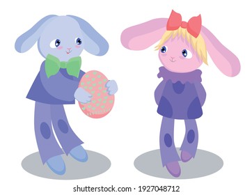 Easter bunnies. Cute cartoon bunnies with an Easter egg. Easter vector illustration for greeting cards.