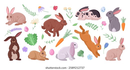 Easter bunnies. Cute fluffy spring rabbits with flowers and vegetables, eared animals with greens and leaves flat vector illustration set. Spring holiday rabbits on white