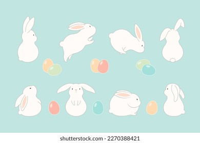 Conejos de Pascua, conejos lindos, huevos teñidos, elementos vacacionales aislados de la colección de clípartes. Ilustración vectorial. Diseño de estilo de arte de línea. Personajes de dibujos animados para tarjeta, pancarta, afiche, decoración, venta de temporada