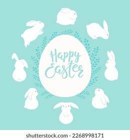 Easter bunnies, cute rabbits frame, egg silhouette, spring plants, lettering quote Happy Easter, isolated. Vector illustration. Flat style design. Concept holiday card, banner, poster, decor element