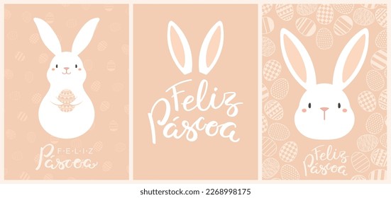 Easter bunnies, cute rabbits, painted eggs cards, posters collection with Portuguese text Feliz Pascoa, Happy Easter. Vector illustration. Flat style design. Concept for holiday print, banner, invite