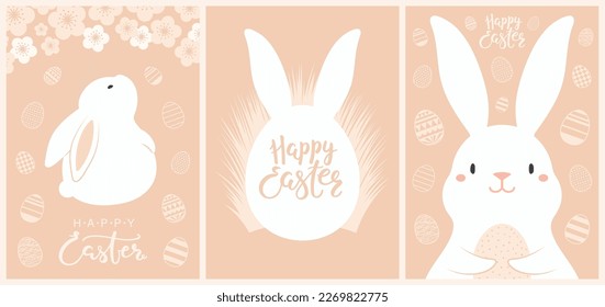 Conejitos de Pascua, conejos lindos, huevos pintados, letras de letras de las tarjetas Happy Easter, colección de carteles. Ilustración vectorial. Diseño de estilo plano. Concepto de impresión vacacional, banner, invitación a la caza de huevos, venta