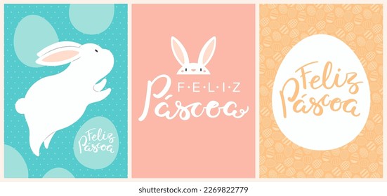 Easter bunnies, cute rabbits, painted eggs cards, posters collection with Portuguese text Feliz Pascoa, Happy Easter. Vector illustration. Flat style design. Concept for holiday print, banner, invite