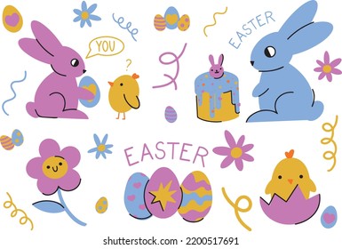 easter bunnies, decorated eggs, vector illustration, clipart, stickers
