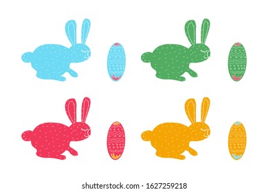 Easter bunnies of different colors with eggs and patterns. vector illustration. isolated on a white background. hand draw style.