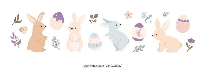 Easter bunnies in different poses with eggs, leaves and flowers, isolated on white background, vector illustration in pastel 