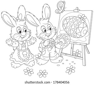 Easter Bunnies drawing a decorated Easter egg on a canvas