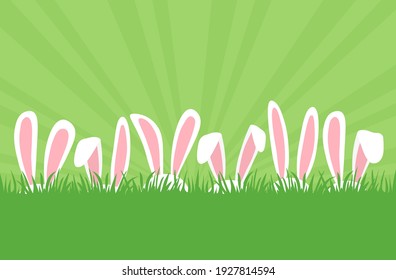 Easter bunnies ears in row in grass, cartoon rabbits ears border. Easter eggs hunt. Cute holiday background. Greeting card, space for your text. Spring illustration