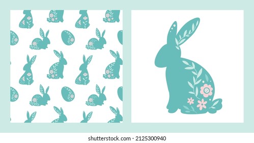 Easter bunnies and an egg are decorated flowers, seamless pattern 