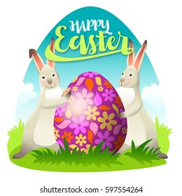 Easter bunnies and egg in grass. Greeting card. Happy Easter. Vector illustration.