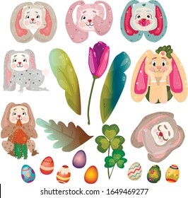 Easter bunnies, egg hunt, and  cute rabbits. spring clipart.