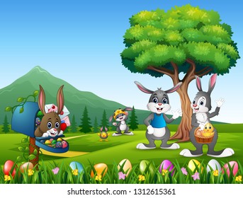Easter bunnies and easter egg on the nature