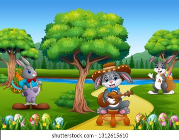 Easter bunnies and easter egg on the nature