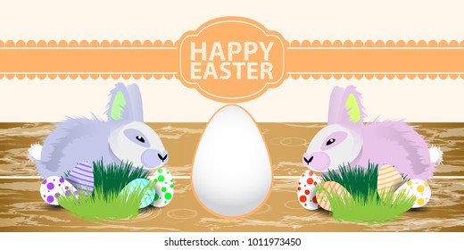 Easter. Easter bunnies with an egg. on a wooden background in the grass. Easter inscription on an orange ribbon