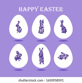 Easter bunnies in an egg. Patterned eggs. Happy Easter.Rabbits in flowers . Spring patterns