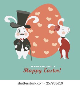 Easter bunnies and easter egg. Vector illustration