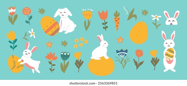 Easter bunnies and eggs amid colorful spring flowers on teal background.