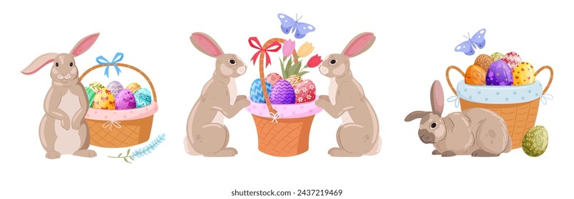 Conejitos de Pascua con cesta de huevos. Conejos de Pascua de primavera y cesta de mimbre lleno con huevos de gallina pintados ilustración vectorial plana. Primavera Pascua huevo caza liebre mascotas
