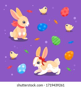 Easter bunnies, eggs and chickens