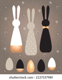 Easter bunnies and eggs. Conceptual, white, black, beige with polka dots, with gold. Happy easter. Postcard, poster.