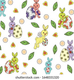
Easter bunnies and easter eggs. Festive texture. Spring religious holiday. Multi-colored drawing. Decor element. Vector illustration.