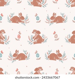 Easter Bunnies, Easter Eggs and Floral Elements Seamless Pattern. Spring Background with Cute Brown Bunny, Leaves and Flowers. Vector illustration