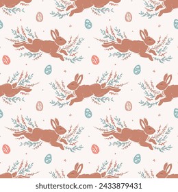 Osterhasen, Ostereier, florale Elemente nahtlose Muster. Frühlingshintergrund mit niedlichen braunen Häschen, Blättern und Blumen. Vektorgrafik
