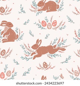 Easter Bunnies, Easter Eggs, Floral Elements Vector Seamless Pattern. Spring Background with Cute Brown Bunny, Leaves and Flowers. 