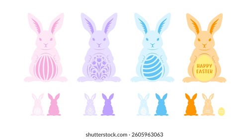 Easter Bunnies with eggs. Floral vector animal. Rabbit silhouette. For paper,laser cutting, sublimation. Cute festive character with ornament. Holiday symbol. Isolated on white background.