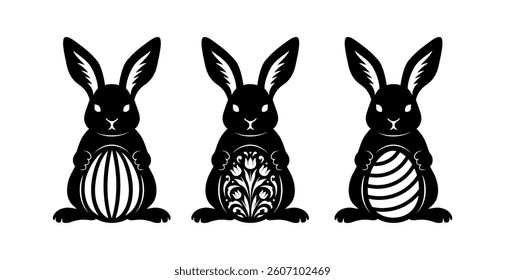 Easter Bunnies with eggs. Floral vector animals. Rabbits silhouettes. For paper,laser cutting, sublimation. Cute festive characters with ornament. Holiday symbols. Isolated on white background.
