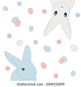 Easter Bunnies, Eggs and Flowers around them as Happy Easter logotype, badge, icon. Cute ears and eyes of Rabbits. Bunny. Drawn spring celebration postcard, greeting card, invitation, banner template.