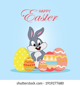 Easter bunnies with eggs and flowers ilustration vector. Vector Easter egg hunt rabbits and painted gifts on green grass field with spring crocus flowers.