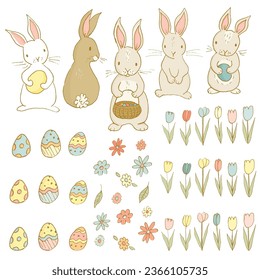 Easter bunnies with eggs and flowers, perfect for spring.
