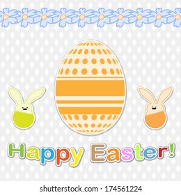 Easter Bunnies and eggs and flowers. Vector illustration.