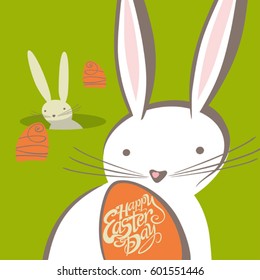 Easter bunnies and Easter eggs. Funny illustration for greeting card.