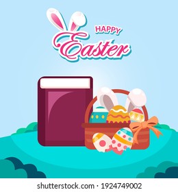 Easter bunnies with eggs ilustration vector. Vector Easter egg hunt rabbits and painted gifts on green grass field. Landing page template, Flat vector illustration