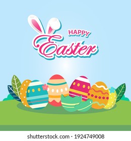 Easter bunnies with eggs ilustration vector. Vector Easter egg hunt rabbits and painted gifts on green grass field. Landing page template, Flat vector illustration