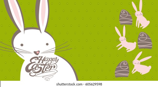 Easter bunnies and Easter eggs on a green background. Vector illustration for holidays design, banner, greeting card, and more.