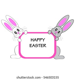 Easter bunnies with eggs on white background. Vector illustration.