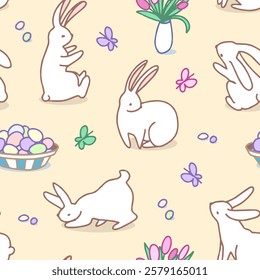Easter Bunnies and Eggs Seamless Pattern. Holiday Decor Concept. Medium Density Pattern. Hand-Drawn Illustration, Not AI