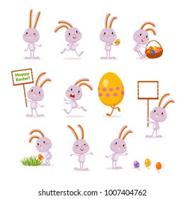 Easter bunnies and eggs. A set of cute emotional characters for a Christian holiday. Elements for festive design. Vector illustration