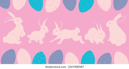 Easter bunnies and eggs. Set of pink rabbits and colored eggs. Background for Easter.